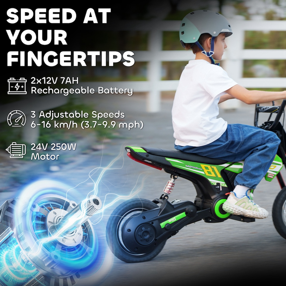 image 1 of AIYAPLAY 24V Battery Powered Ride On Motorcycle with Rear Suspension, Green