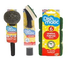 Dishmatic Scrubbee Handle with 6 General Purpose Refills and I-Stand Fillable Washing Up Brush Set for Cleaning