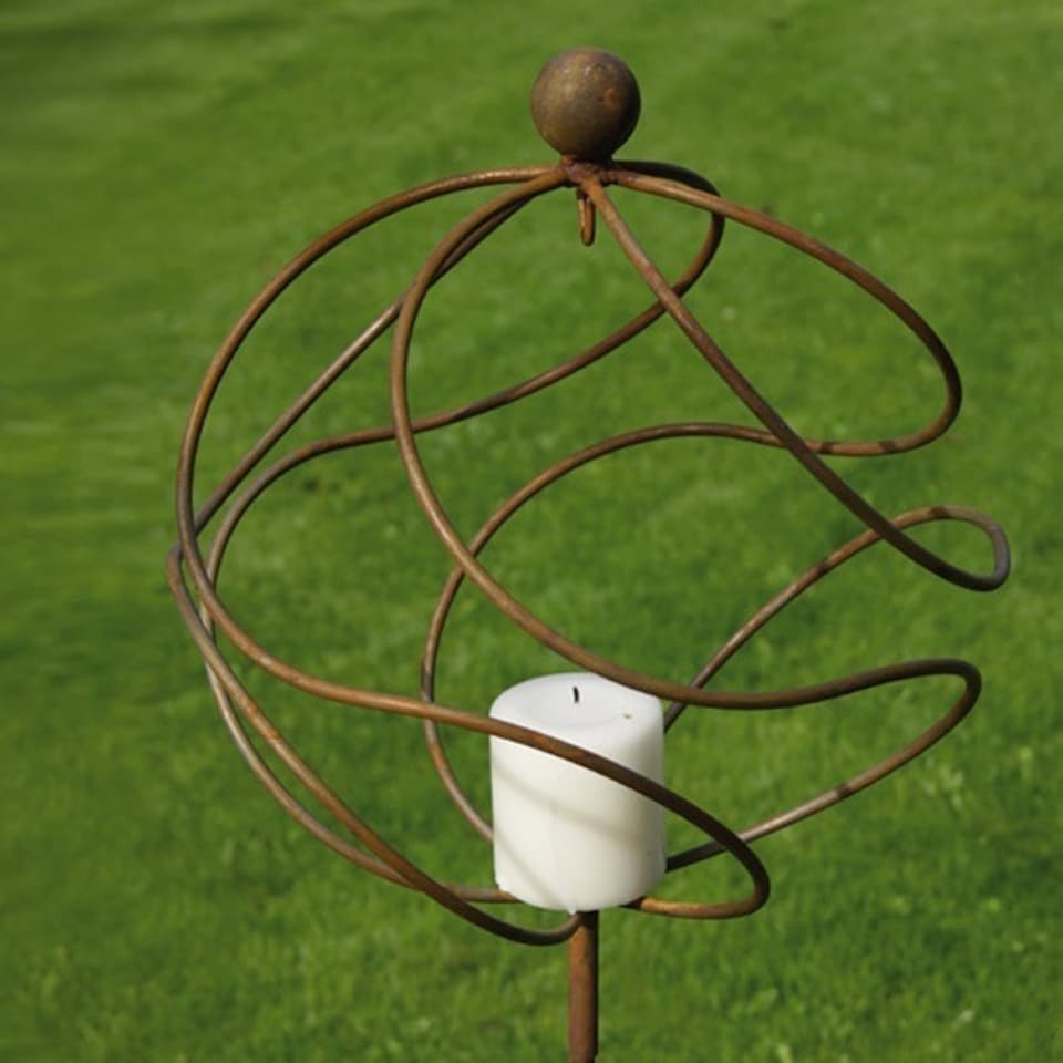 Tangle Ball on 4Ft Stem W/ Candle Holder/Hook - Plant Support - Solid Steel - L34.3 x W34.3 x H157.5 cm - Bare Metal/Ready to Rust