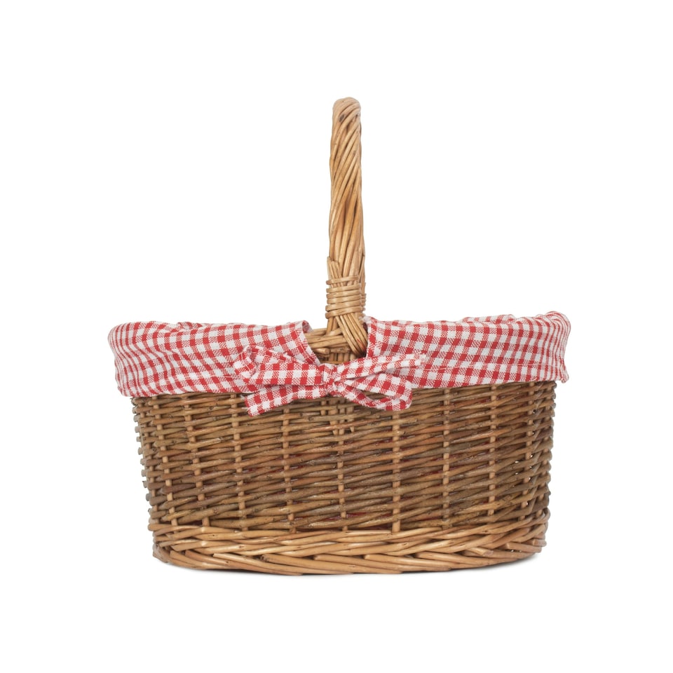 image 1 of Set of 2 Red Checked Lined Country Oval Wicker Shopping Basket Red | Red and White Checked