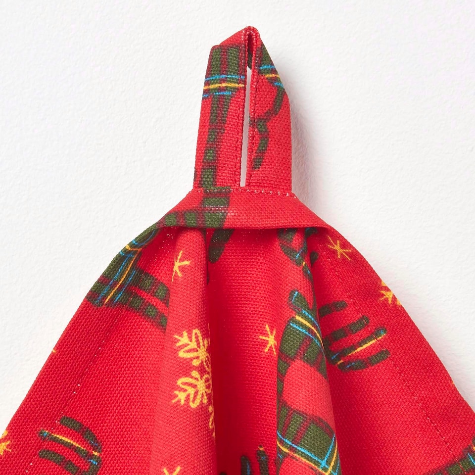 image 1 of Homescapes Red Reindeer Set of 3 Christmas Tea Towels Red