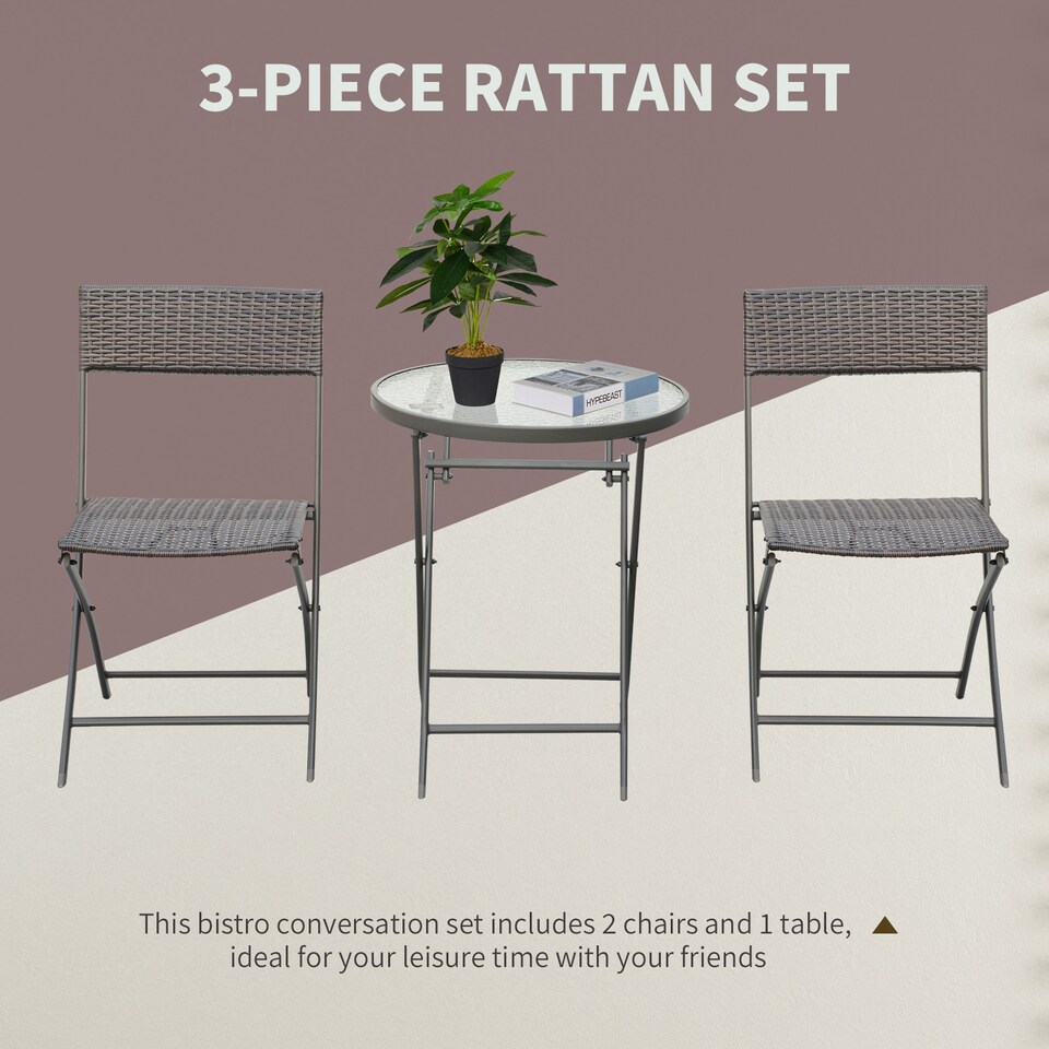 image 1 of Outsunny 3 Pieces Rattan Bistro Set, Wicker Folding Garden Furniture Set with Round Glass Top Coffee Table and Chairs for Outdoor, Patio, Balcony, Brown