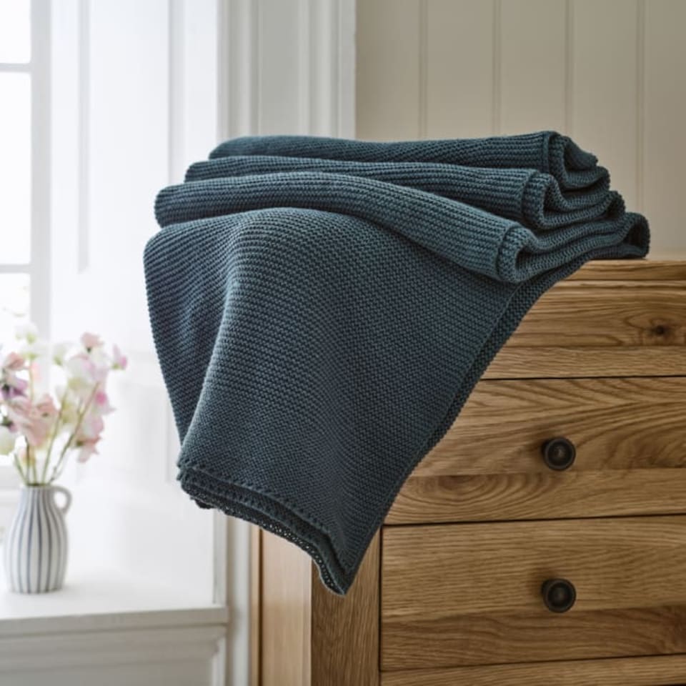 image 1 of Saunton Stitch Supersoft Yarn Dyed Knitted Throw