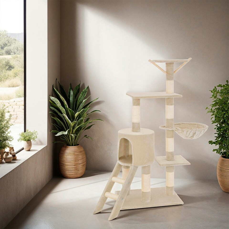 image 1 of Cat Tree Dominik - 144 cm, sisal cat scratching post, mice & anti-tip protection - Beige