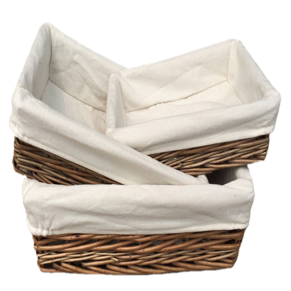 image 1 of Lined Antique Wash Rectangular Straight-Sided Wicker Tray Set of 3 | Brown | Brown | Full Set