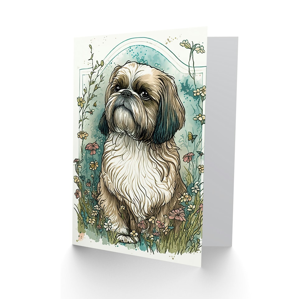 image 1 of Shih Tzu Dog Wildflowers Modern Art Nouveau Art Card