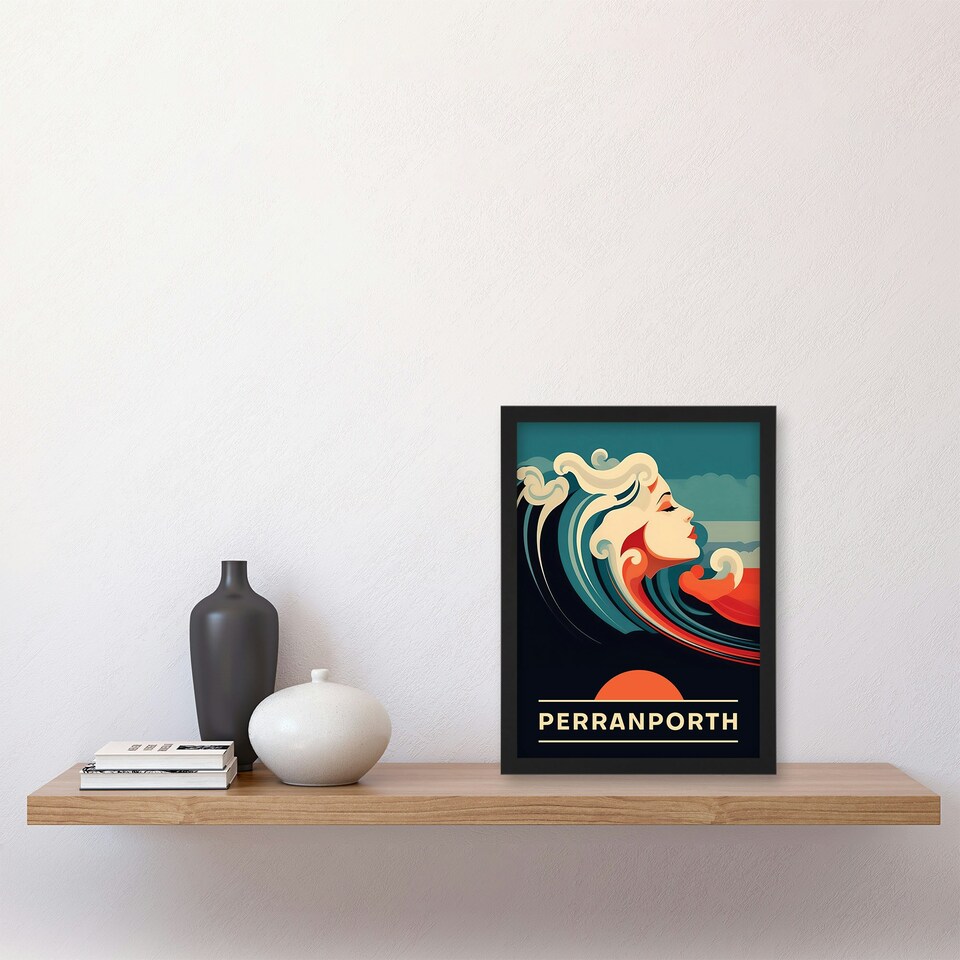 image 1 of Perranporth Beach England Uk Sunset Woman Black Framed Wall Art Print A4