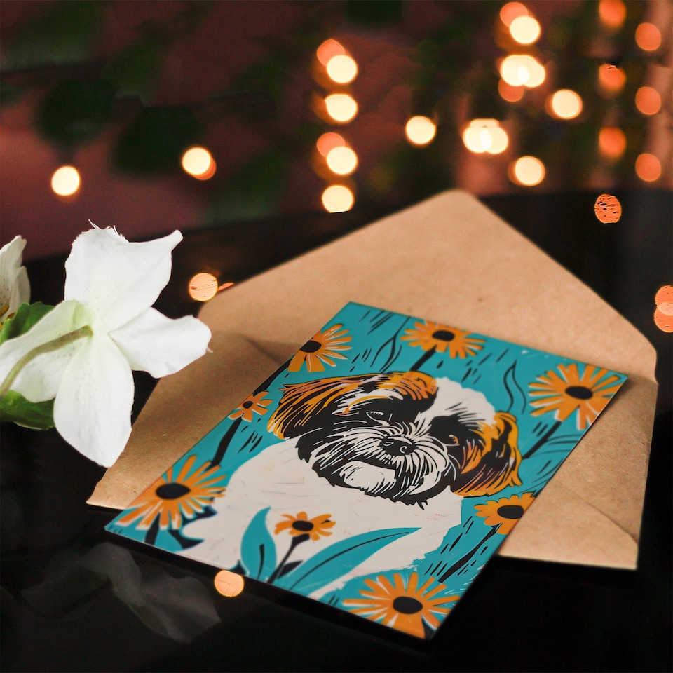 image 1 of Greeting Card Vibrant Shih Tzu Daisy Portrait Dog Lover Floral