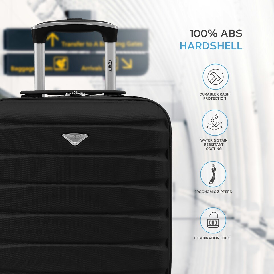 image 1 of Flight Knight Suitcase Sets 3 Piece, Large Suitcase, Extra Large Suitcase, easyJet Cabin Bag 45x36x20cm Underseat Carry On, 100+ Airlines Approved - BA, Ryanair Black | Black | Large