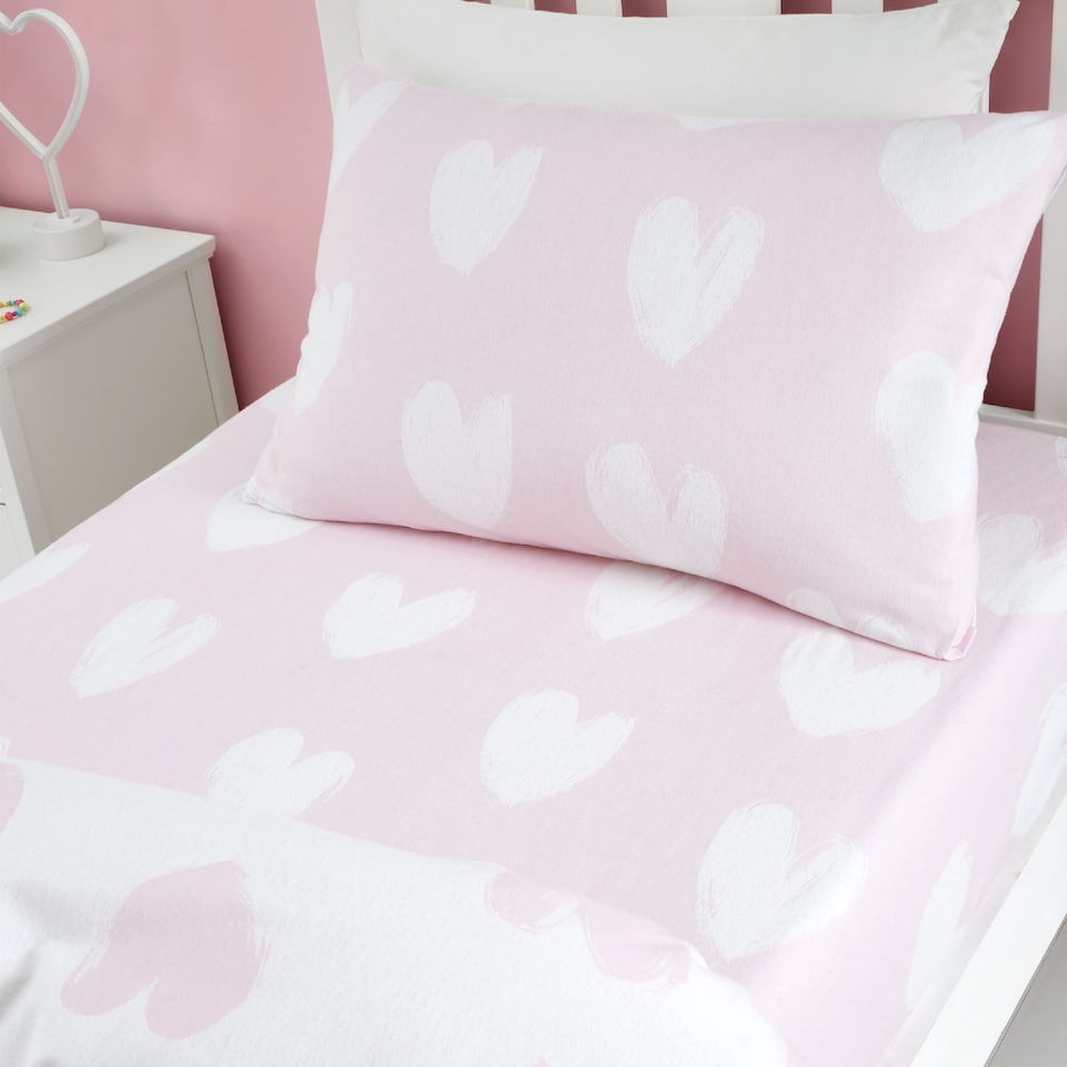 image 1 of Catherine Lansfield Brushed Cotton Hearts Fitted Sheet | White | Single
