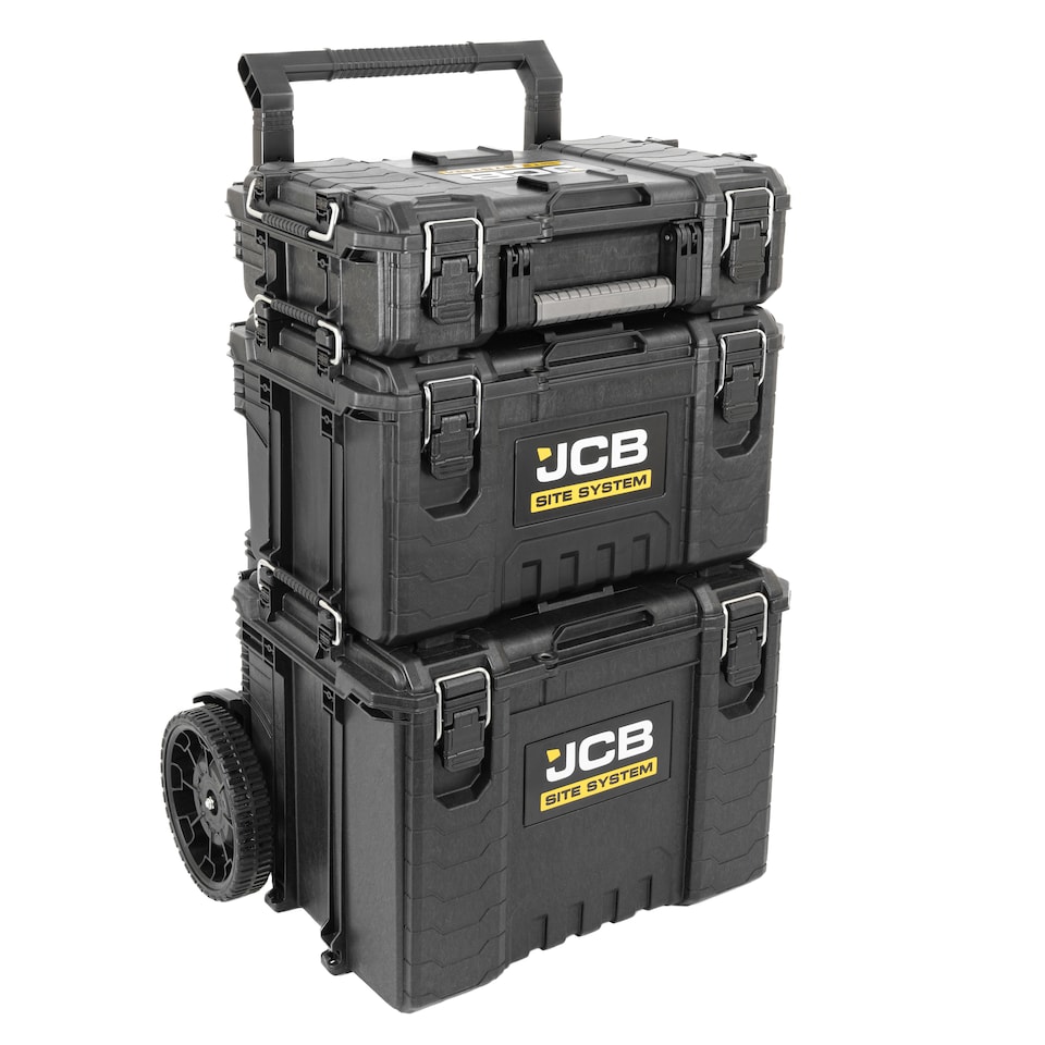 image 1 of JCB Site System, 3-Piece Modular Tool Storage, Toolbox and Organiser with Cart trolley, 9’’ Wheels | JCB-SITESYS-ST