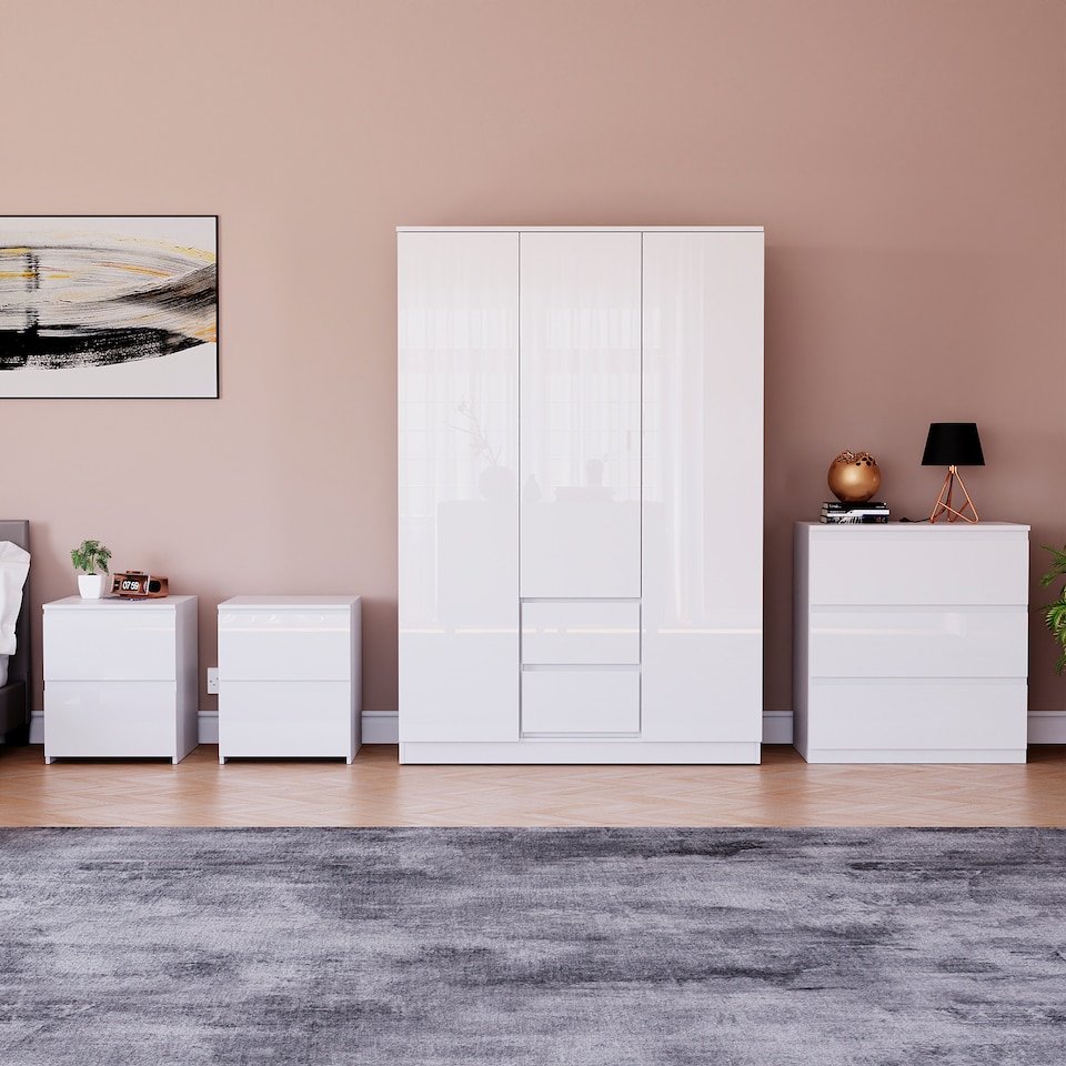 image 1 of Vida Designs Glinton 4 Piece FSC Certified Bedroom Set (2 Drawer Bedside Chest x2, 3 Drawer Chest, 3 Door 2 Drawer Wardrobe), White White | White