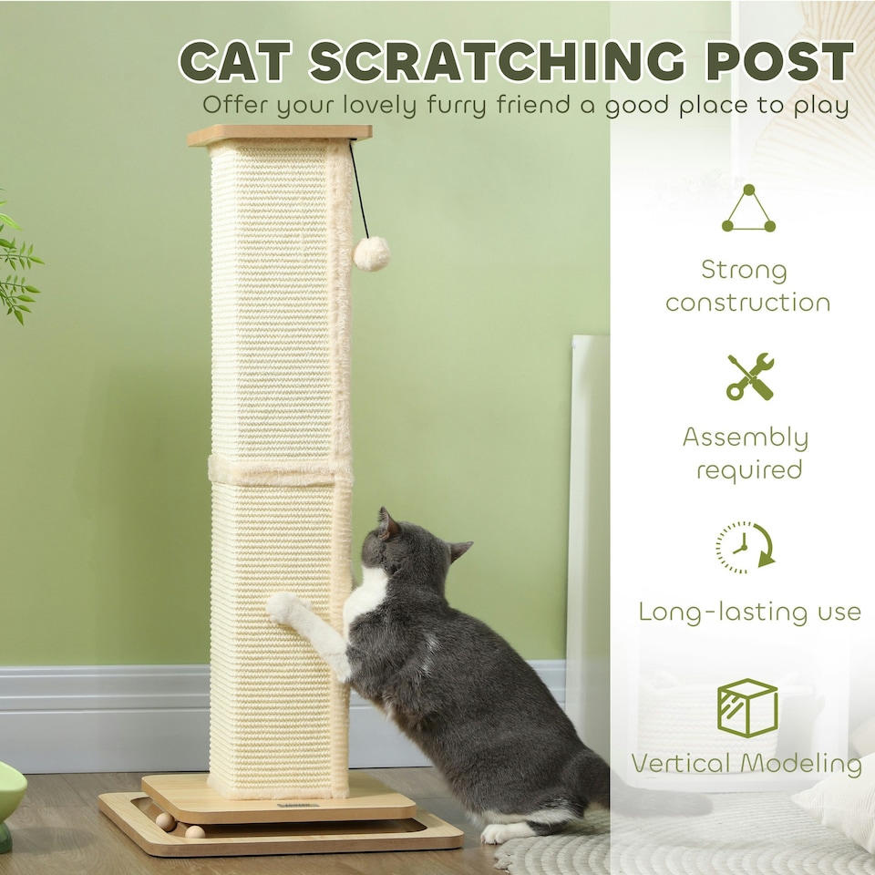image 1 of PawHut 3-in-1 Cat Scratcher Post with Sisal Track Ball Toy, 87cm, Light Oak
