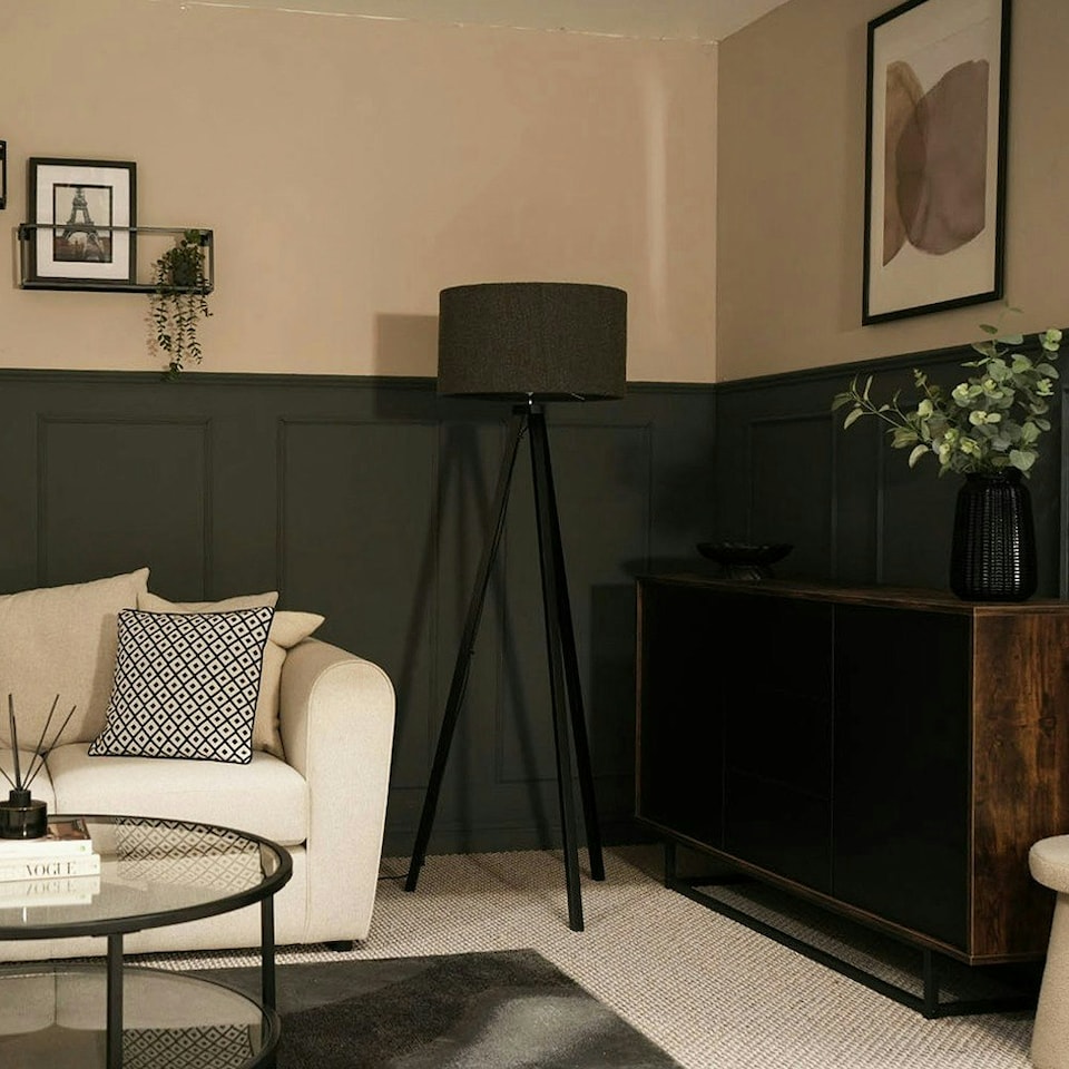 image 1 of ValueLights Barbro Black Tripod Floor Lamp Drum Shade