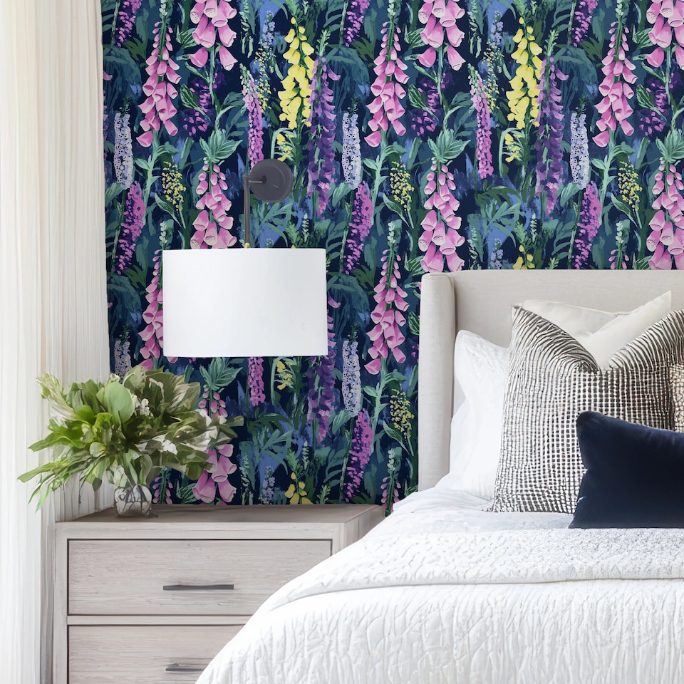 image 1 of Enchanted Meadow Wallpaper in Lilac, Blue and Yellow | Blue | Lilac, Blue and Yellow | 50cm x 10m