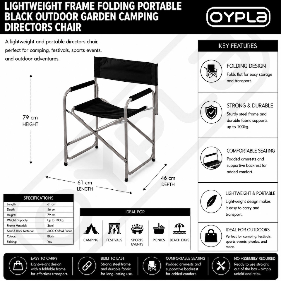 image 1 of Black Lightweight Folding Portable Outdoor Garden Camping Directors Chair Seat