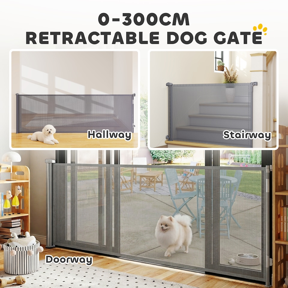 image 1 of PawHut Stair Gate for Dogs, Pet Gate, Extends to 300 cm Wide & 104 cm Tall | Grey | Grey | 311 x 11 x 104 cm
