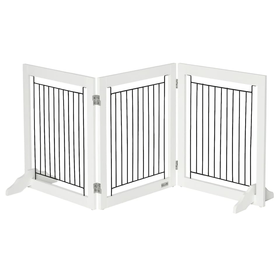 image 1 of PawHut Foldable Wooden Pet Gate w/ 3 Panels 2 Support Feet for Small Dogs White