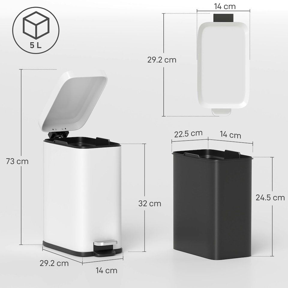 image 1 of HOMCOM 5L Rectangle Compact Bin Steel Body Inner Bucket Quiet-Close Lid w/Pedal | White | 5L | 1