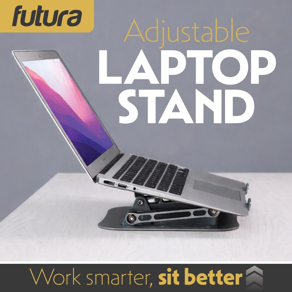 image 1 of Futura Laptop Stand Adjustable Portable Riser, Grey Foldable Aluminium Holder for MacBook AirPro and 11 to 17 inch Laptops | Grey | Grey | One Size | 1