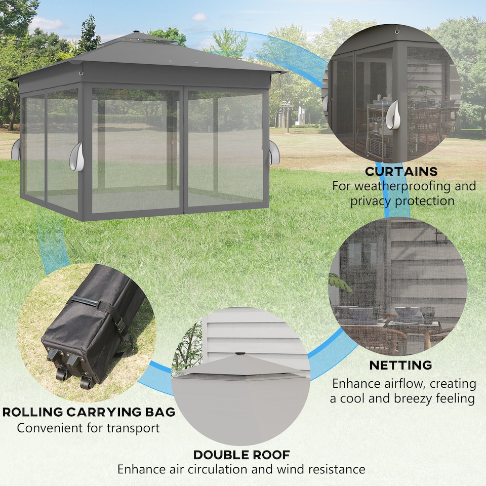 image 1 of Outsunny 3.36x3.36m Pop Up Gazebo w/ Solar-Powered LED Lights Netting Grey | Grey