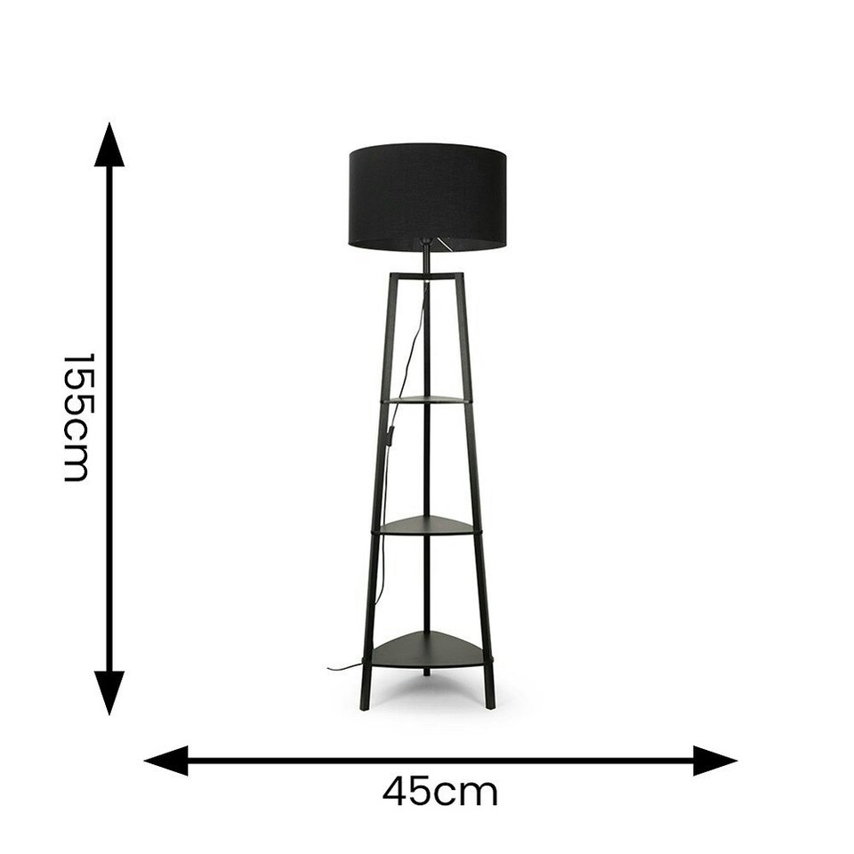 image 1 of ValueLights Hiru Black 3 Tier Shelf Floor Lamp with Black Shade Black