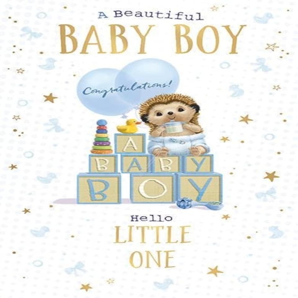 Words 'n' Wishes Traditional New Baby Boy Card, Hedgehog & Balloons Design, Gold Foil Finish, Made in the UK