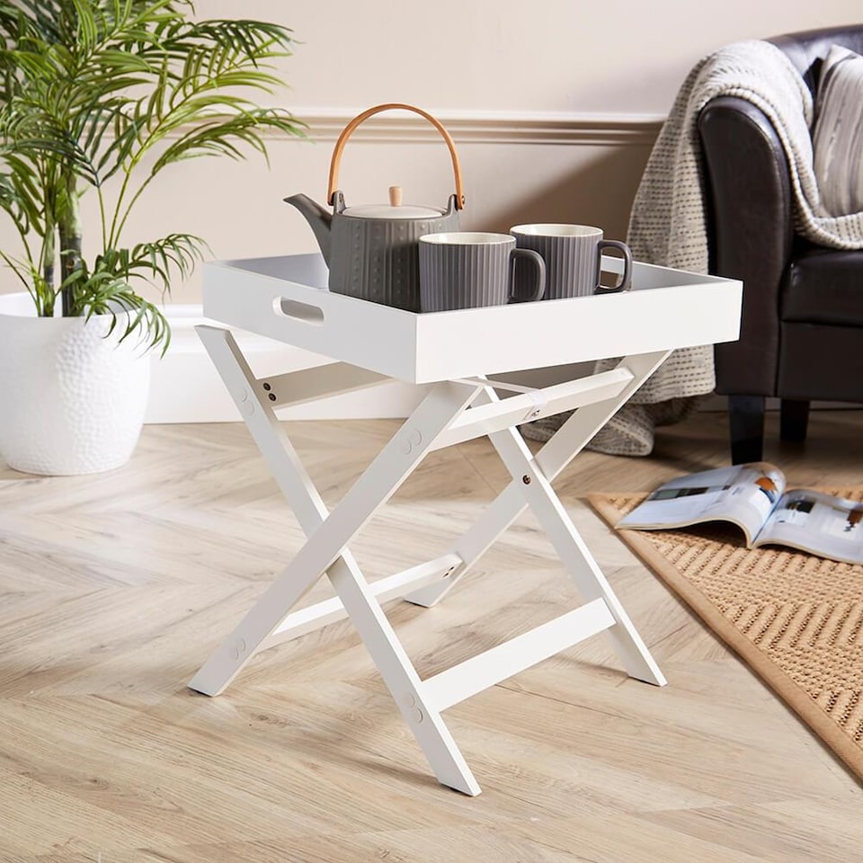 image 1 of Folding Butlers Side Table Portable Wooden Food Serving Tray | White