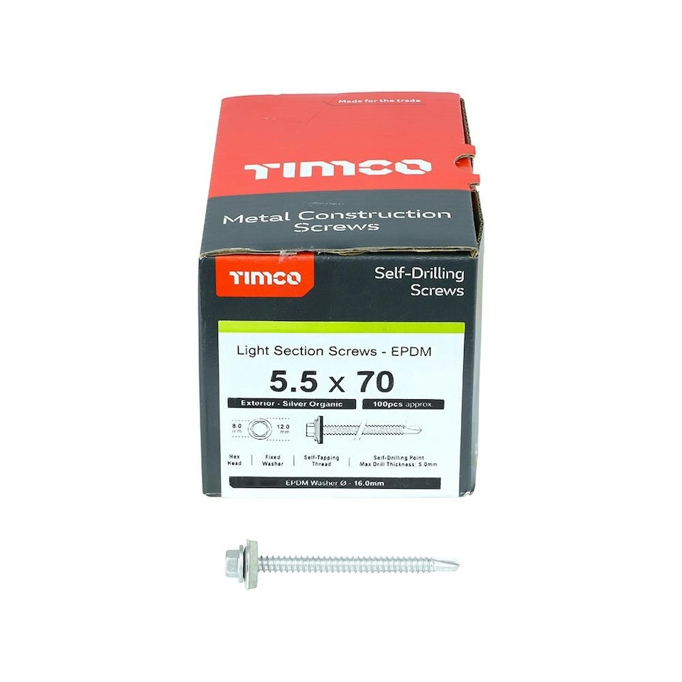 image 1 of Timco - Metal Construction Light Section Screws - Hex - EPDM Washer - Self-Drilling - Exterior - Silver Organic (Size 5.5 x 70 - 100 Pieces)