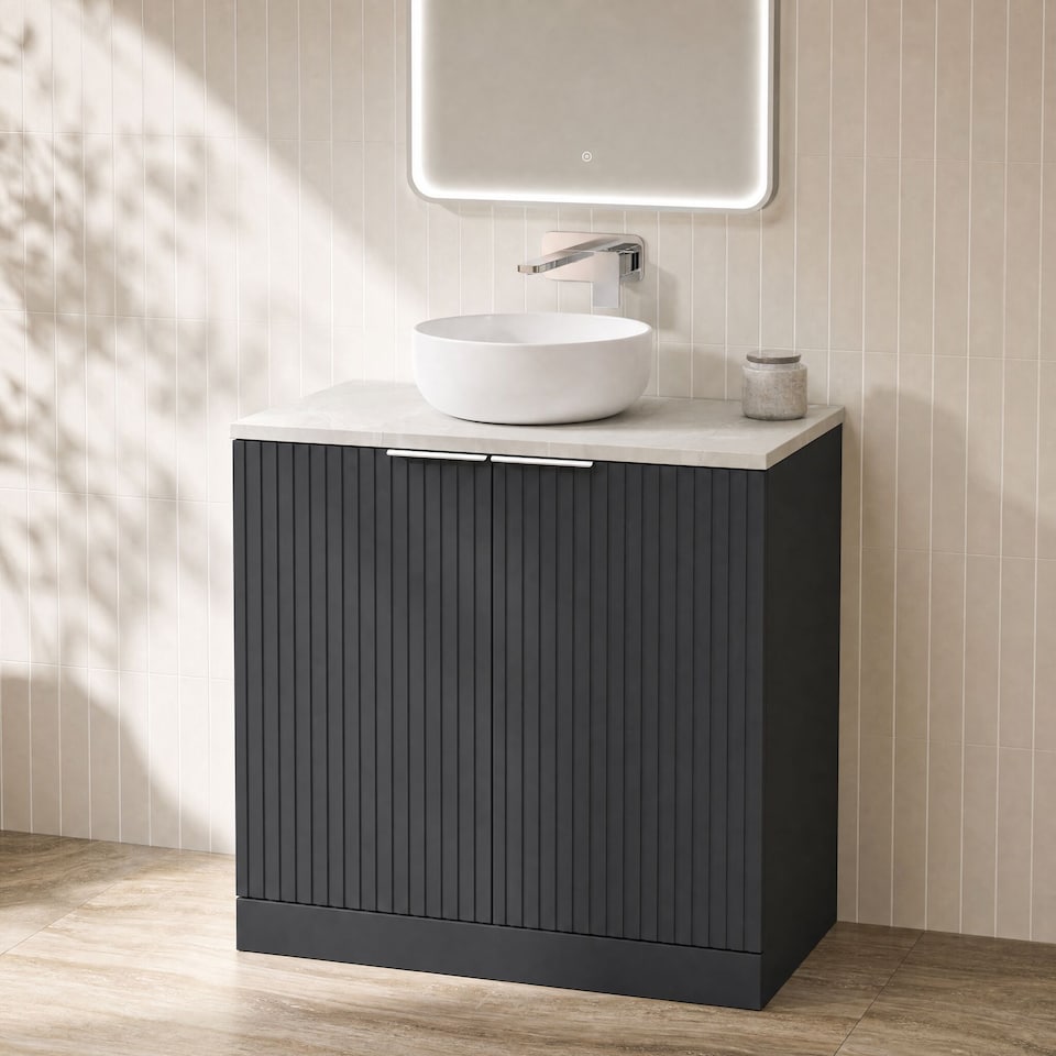 image 1 of Balterley Callingwood Contemporary Floor Standing 2 Door Vanity Unit with Marble Plaster Laminate Worktop , 800mm, Dark Grey