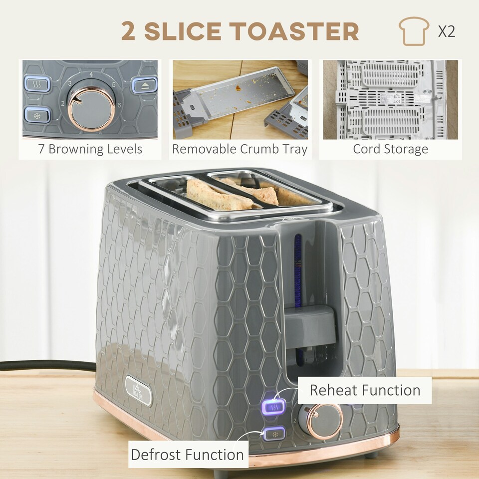 image 1 of HOMCOM Kettle and Toaster Set 1.7L Kettle & 2 Slice Toaster Set Grey