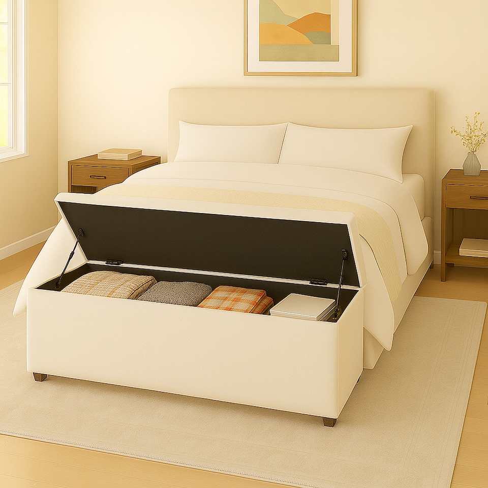 image 1 of 90cm Chesterfield Plush Velvet Cream Upholstered Storage Ottoman Bench - Deep Tufted Lid & Wooden Leg