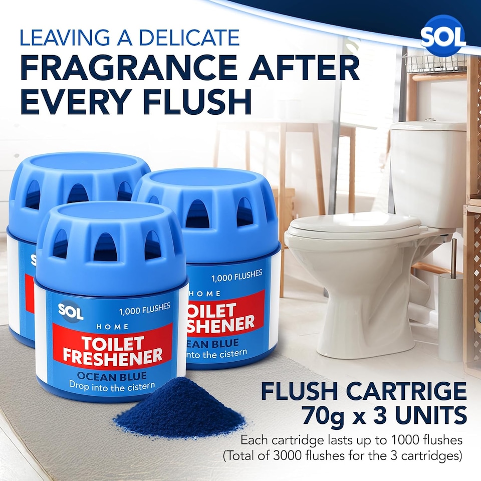 image 1 of 3pk x 70g Toilet Fresheners Ocean Scented Cistern Blocks, Last 1000 Flushes, Prevents Limescale, Cleans & Deodorizes