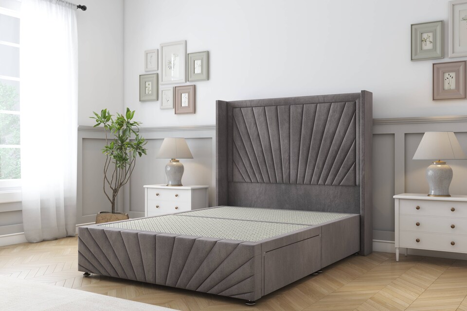 image 1 of Sloomy Rutherford Slate Naples Divan Bed Base No Drawers With 54 Inch Wingback Headboard & 12 Inch Matching Footboard | Grey | Slate | Single | 1
