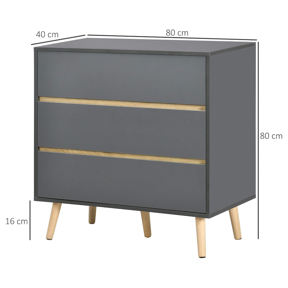 image 1 of HOMCOM Chest of Drawers, 3 Drawer Storage Cabinet Organiser Bedroom Dark Grey