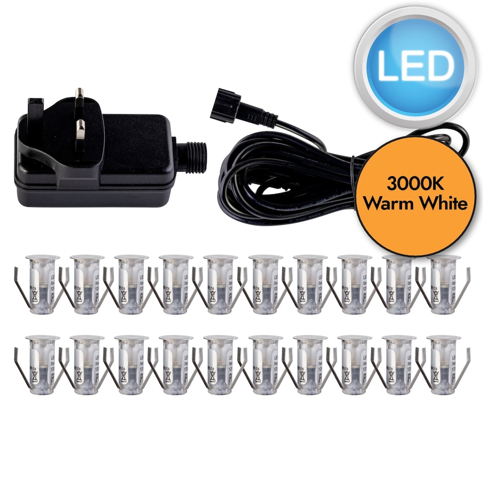 image 1 of Set of 20 - 15mm Stainless Steel IP67 Warm White LED Decking Kit | Chrome | Clear | 20