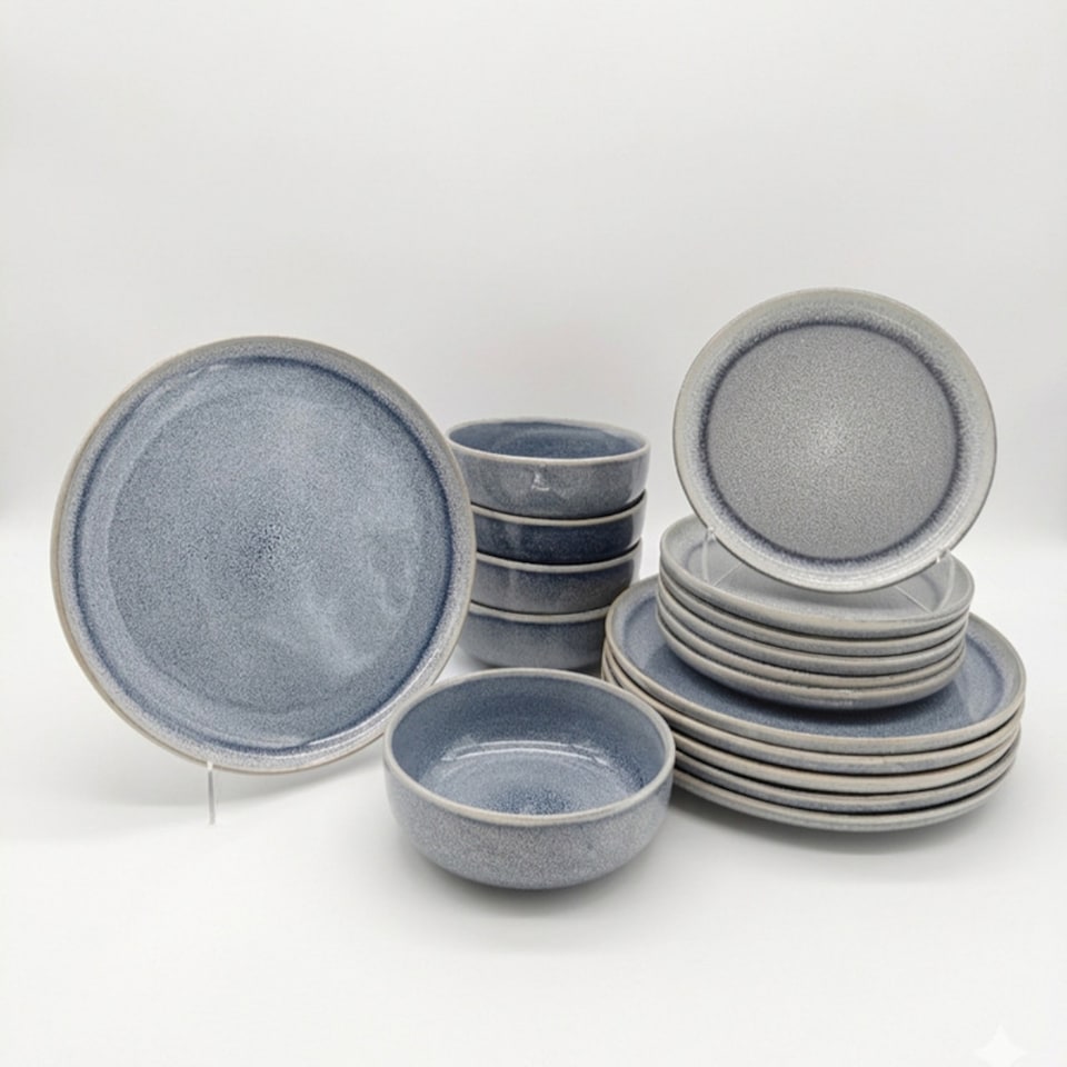 image 1 of Reactive Ash Blue Glaze Dinner Set Plates Bowls 12pc Set