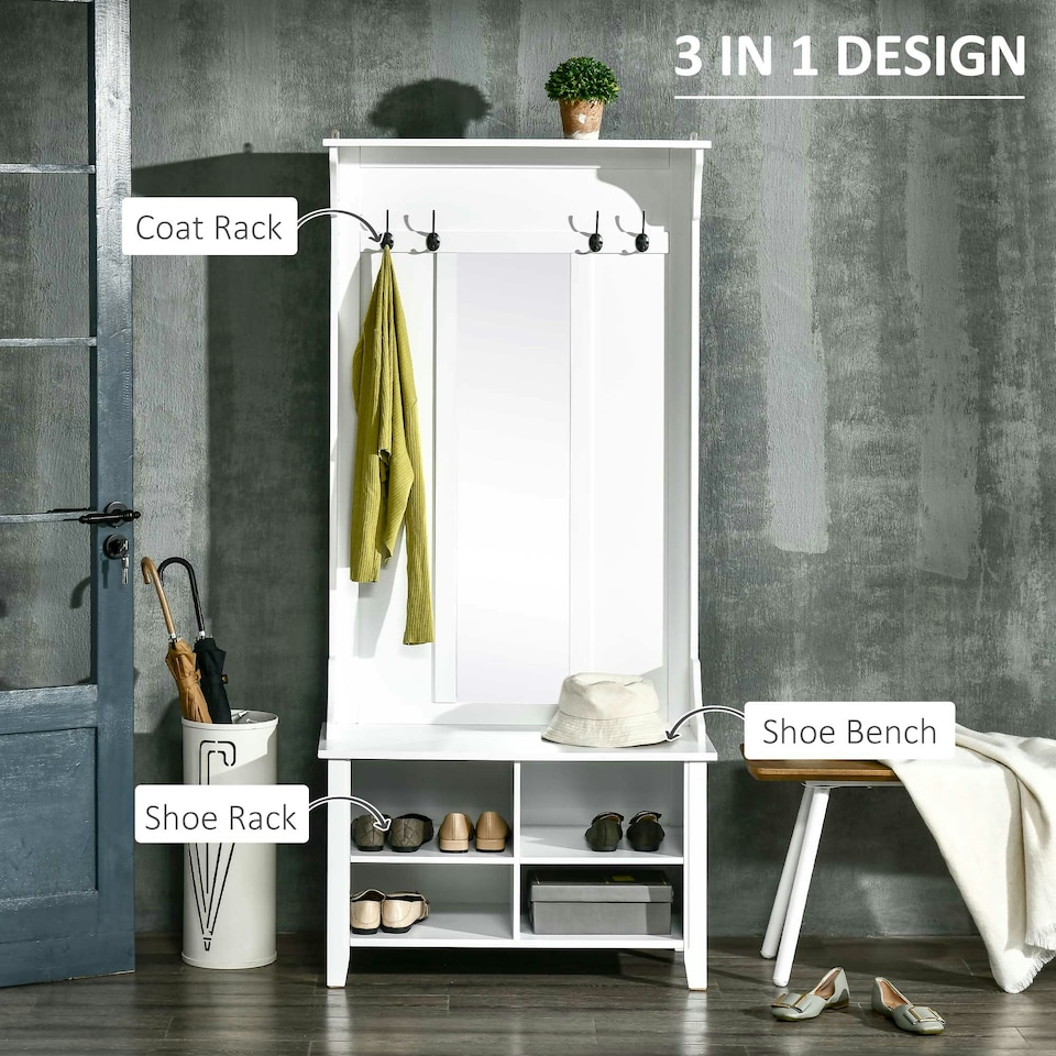 image 1 of HOMCOM Hallway Furniture Set Shoe Bench Storage Mirror Cabinet Hooks