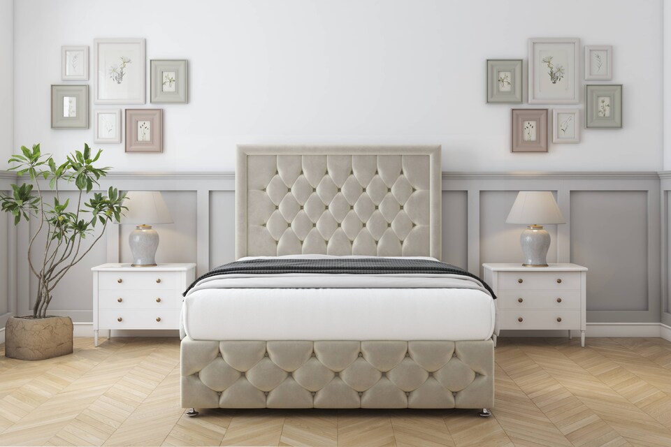 image 1 of Sloomy Vienna Cream Plush Divan Bed With Mattress 2 Drawers Right Side With 26" Strutted Headboard & 12" Matching Footboard 4'6 Double | Cream | Cream | Double | 1