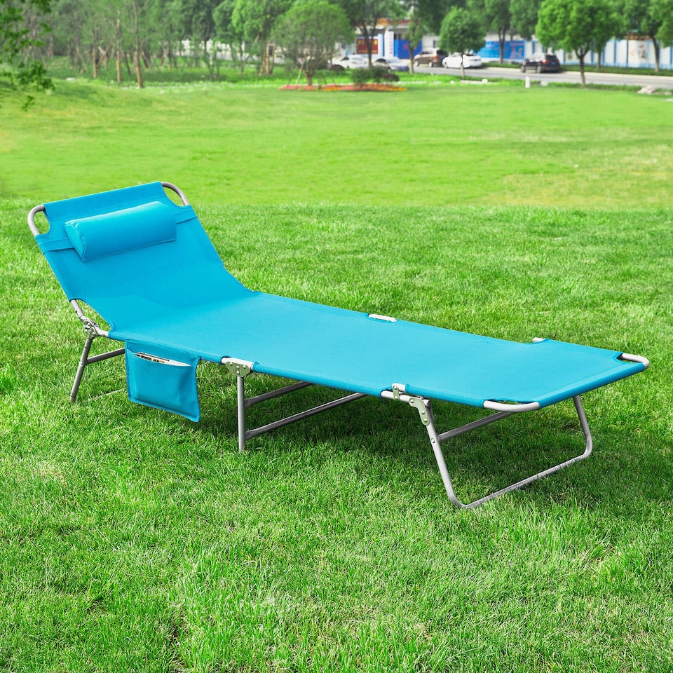 image 1 of SoBuy Sun Lounger Reclining Garden Chair with Pillow and Side Pocket, Turquoise, 76.8x24.8x31.9 inches, 5.69 kg - OGS35-B