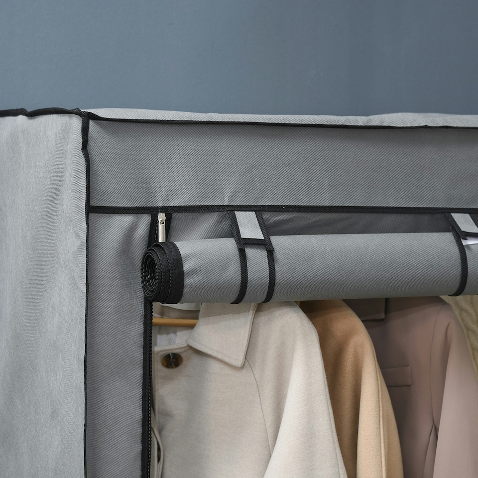 image 1 of HOMCOM Fabric Wardrobe w/ 4 Shelves 2 Hanging Rails Foldable Closets Light Grey