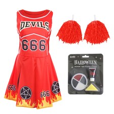Devil Cheerleader Costume - Facepaint and Pom Poms | Red | XL