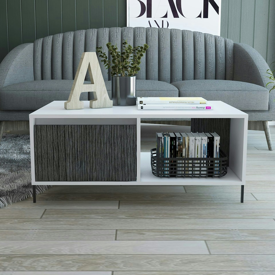image 1 of Dallas White Coffee Table With Drawer & Open Storage - White and Carbon Grey Oak Effect Top with Metal Hardware | White | White & Carbon Grey Oak | One Size | 1