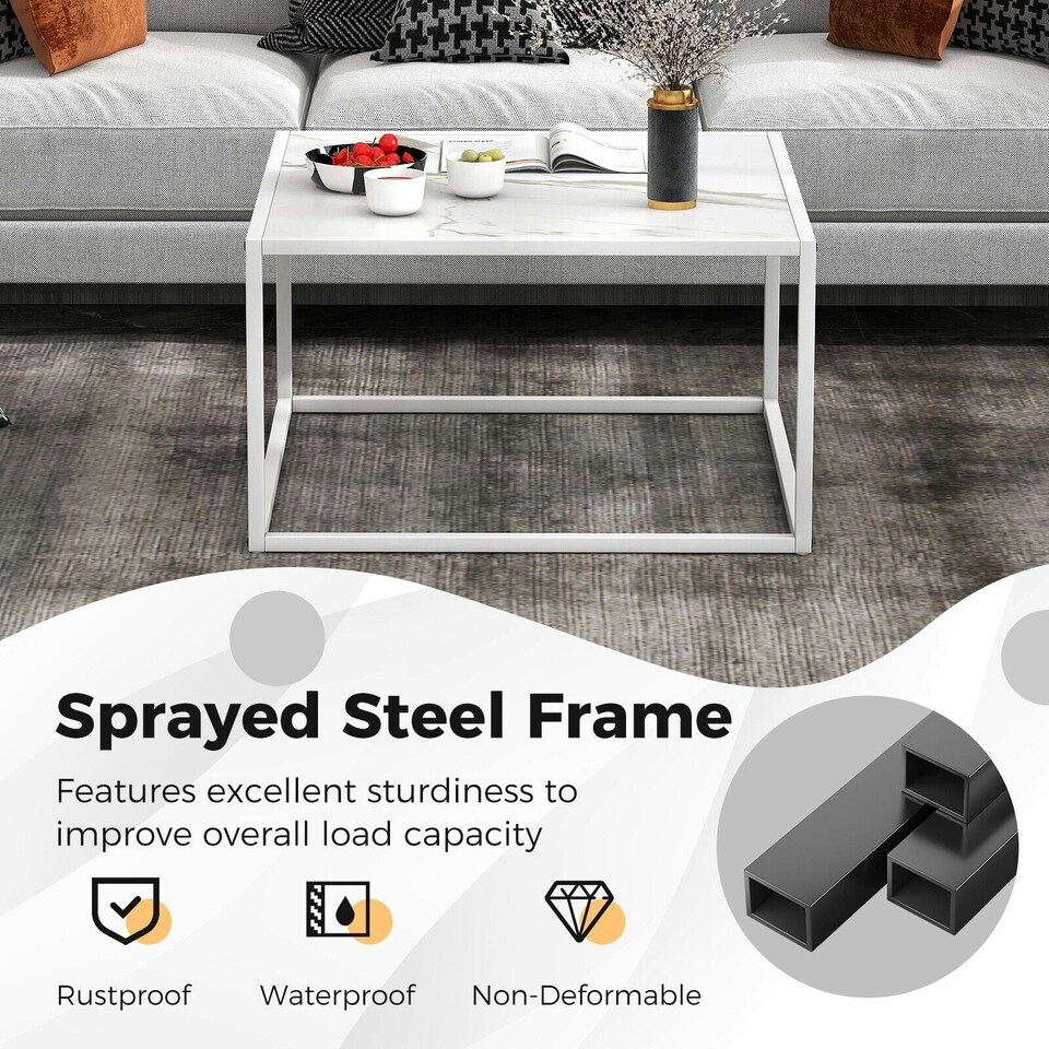 image 1 of COSTWAY Modern Square Coffee Table with Faux Marble Tabletop White