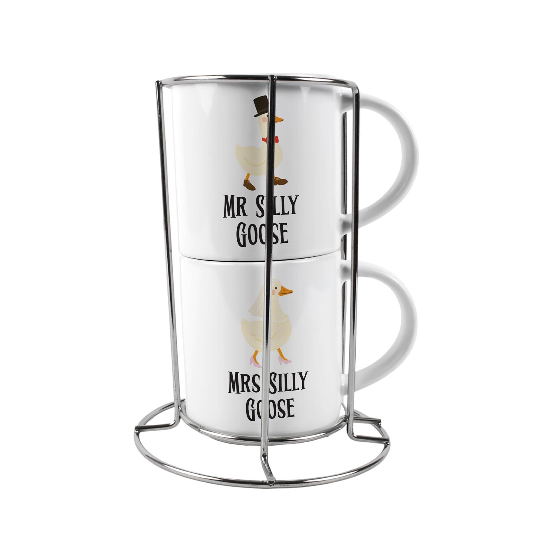 Mr & Mrs Stacking Mugs Set - Silly Goose Novelty Gifts for Couples Ceramic Cups Set of 2 with Metal Stand White