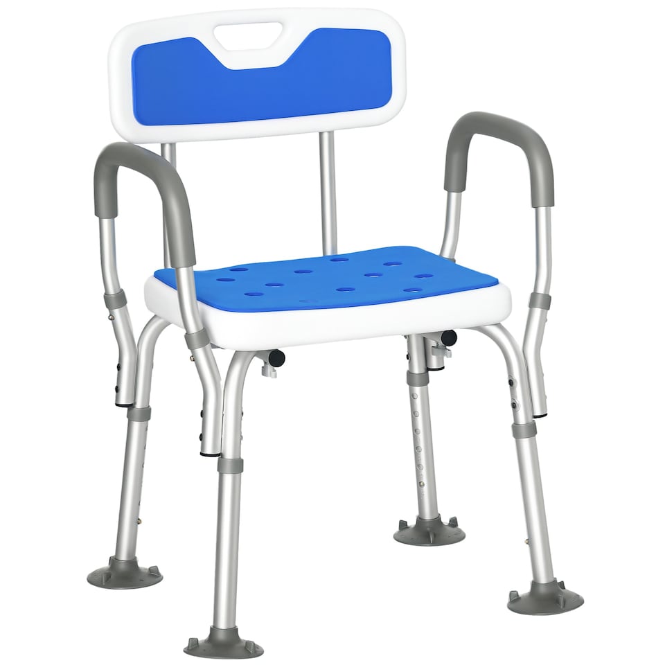 image 1 of HOMCOM EVA Padded Shower Chair for the Elderly and Disabled, Height Adjustable Shower Stool with Back and Arms, 4 Suction Foot Pads, Blue