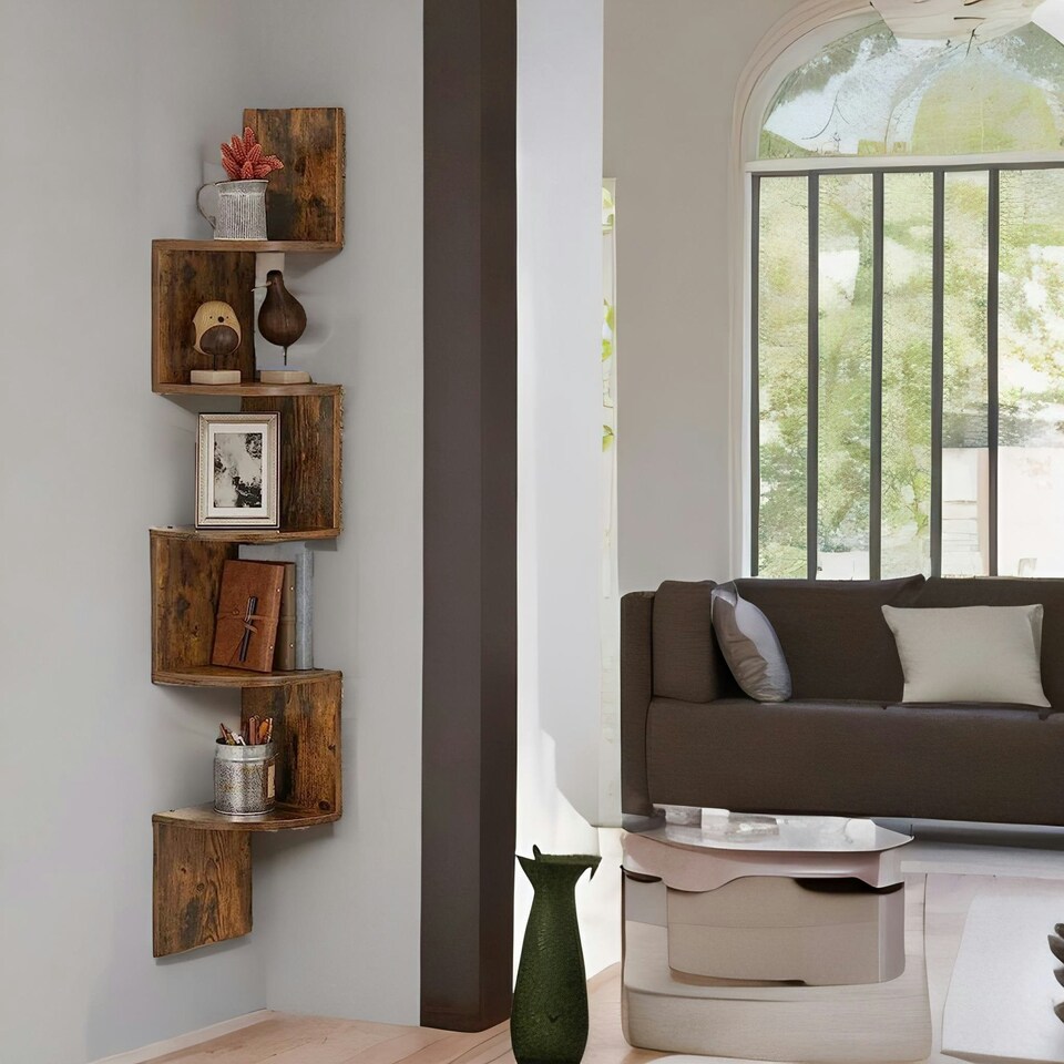 image 1 of 5 Tier Wall Mounted Floating Corner Shelf Rustic Brown Brown | One Size