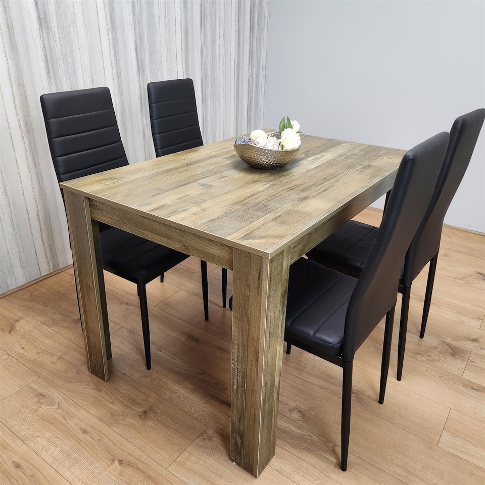 image 1 of Dining Table and 4 Chairs Rustic Effect Wood Table with 4 Black Faux Leather Dining Chairs