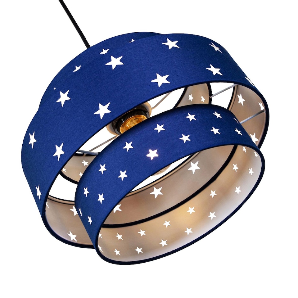 image 1 of Triple Tier Midnight Blue Cotton Fabric Childrens Pendant Shade with Stars Decor | Blue | Blue | 1