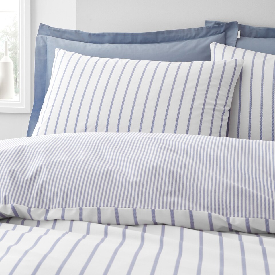 image 1 of Bianca Hampton Stripe 200 Thread Count Cotton Reversible Duvet Cover Set | Blue | Super King